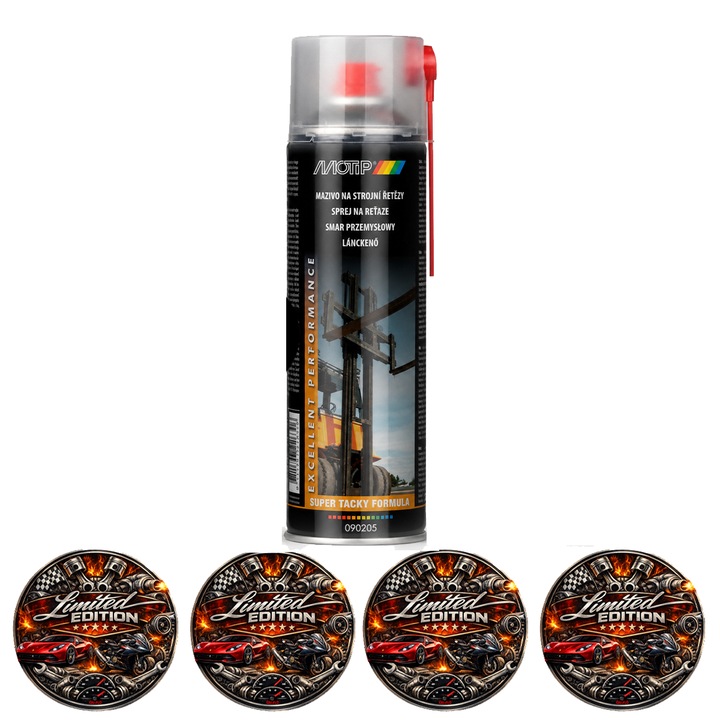 Spray Vaselina pentru Lanturi MOTIP Industrial Chain Grease, Lubrifiant Industrial pentru Transmisii cu Lant, Aderenta Buna, Hidrofug, Jet Directionat, 500 ml, 4x Stickere auto