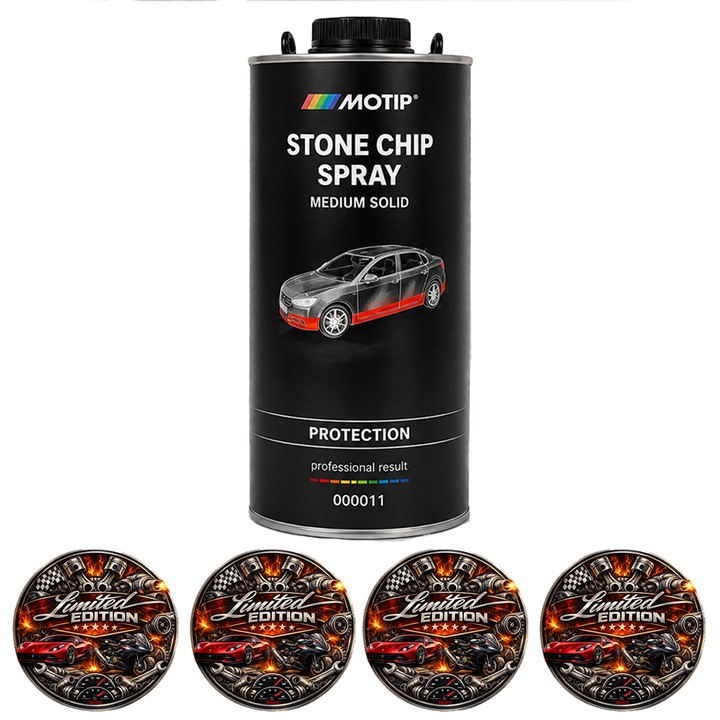 Spray protectie anti pietris MOTIP Stone Chip Spray 1000 ml Medium Solid Negru, revopsibil, anticoroziv, fonoabsorbant, 4x Stickere auto