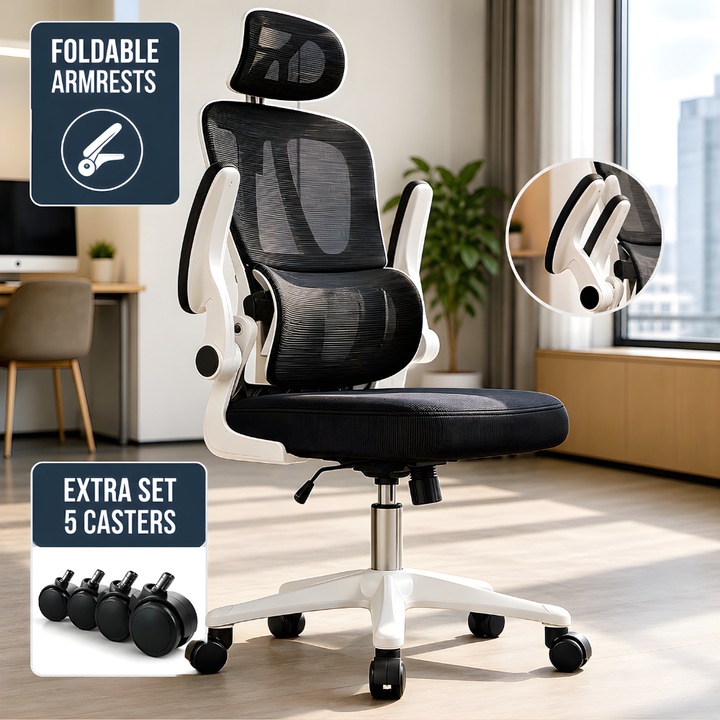Директорски ергономичен офис стол KD Home® Ergonex, сгъваеми подлакътници, регулируема облегалка за глава, лумбална опора, включени 2 комплекта колела, регулируема височина, накланящ механизъм, огнеустойчив, безшумни силиконови колела, до 160 кг, черен