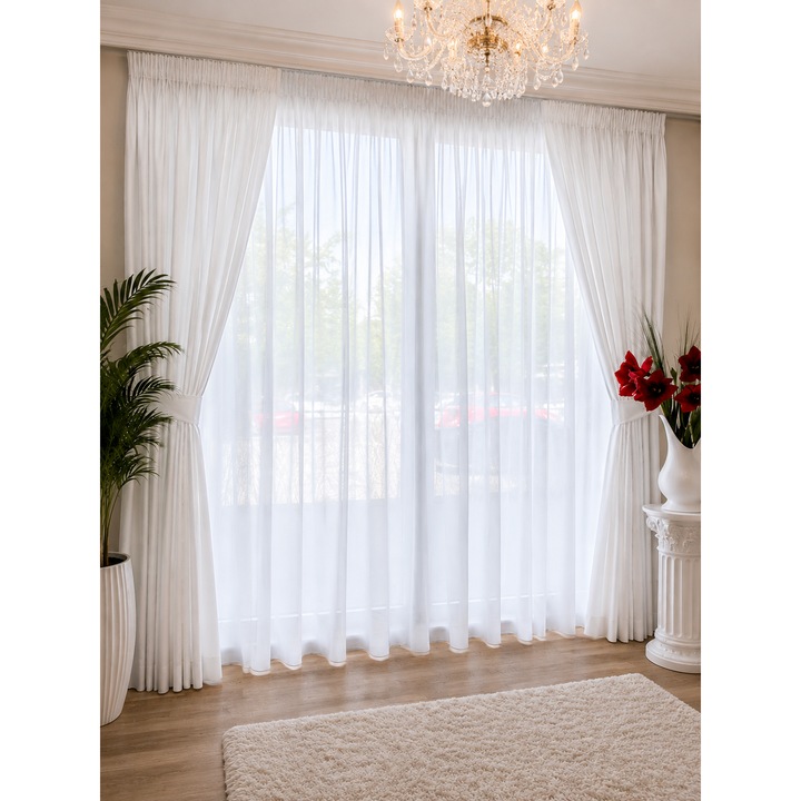 Perdea triplu voal, culoare alba, cu sclipici argintiu, colectia "Starlight" by Liz Line cu rejansa normala de 6 cm, 300x245cm - 6PD2213