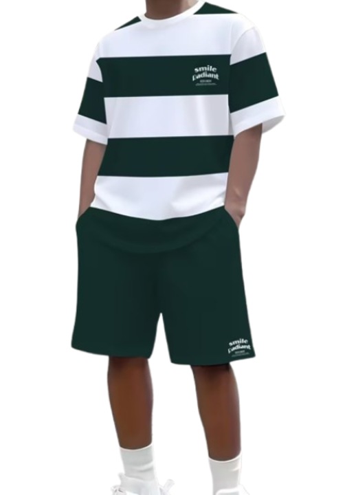 Set de vara pentru barbati, tricou cu guler rotund si pantaloni scurti, imprimeu grafic 3D, verde, bumbac