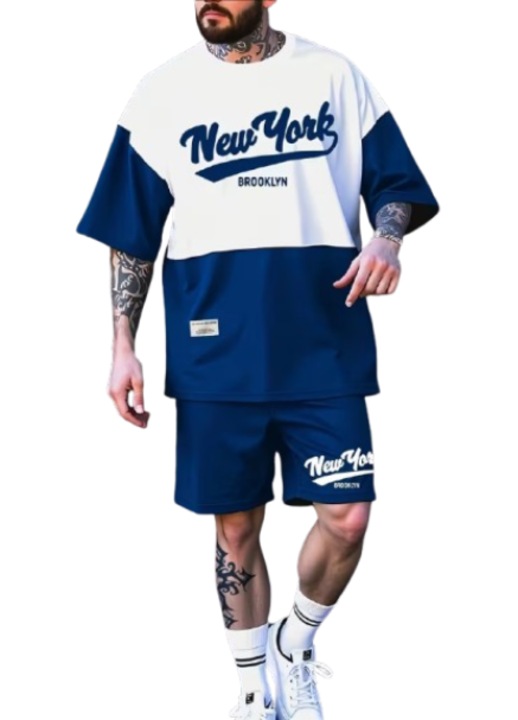 Set de vara barbati, tricou cu guler rotund si pantaloni scurti, imprimeu grafic 3D, albastru, bumbac