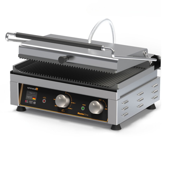 Kontaktgrill, Uyar, iToast-3 Master Line, 45 x 27 cm, 3000 W, bordázott, analóg, rozsdamentes acél, öntöttvas, 230 V, hőmérséklet-tartomány 50 és 300 °C között, csepptálcával, biztonsági termosztáttal, kaparóval