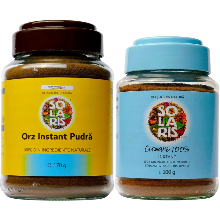 Pachet Cafea solubila "fara cofeina" din Cicoare & Orz 100%naturale, borcane sticla 100g + 170g, Solaris Plant