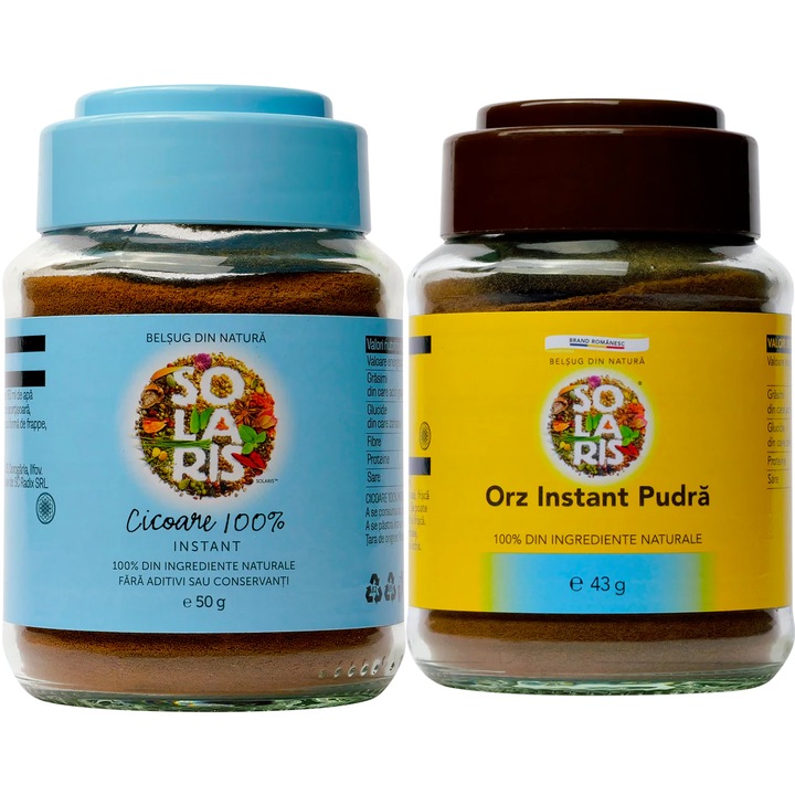 Pachet Cafea solubila "fara cofeina" din Cicoare & Orz 100%naturale, borcane sticla 50g + 43g, Solaris Plant