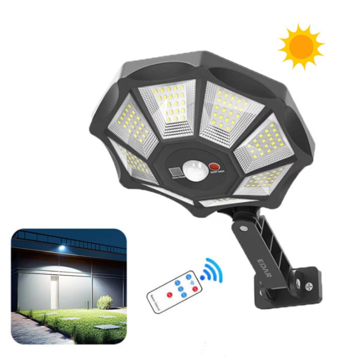 EDAR Napelemes Lámpa Kültérre, Házba, Kertbe, 3 Fényerő Mód, Távirányító, Fali Rögzítés, 168 LED, Nyolcszögletű Forma, Fekete
