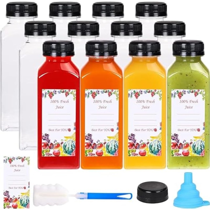 Комплект от 12 прозрачни пластмасови бутилки 360ml с херметически капак и аксесоари