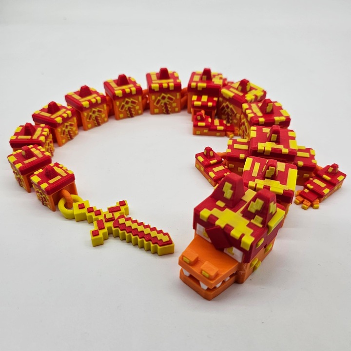 Figurina Dragon Articulat de Lava, Figurina Flexibila Fidget Inspirata din Minecraft, Rosu/Portocaliu/Galben, 48cm Lungime, Idee Cadou Copii