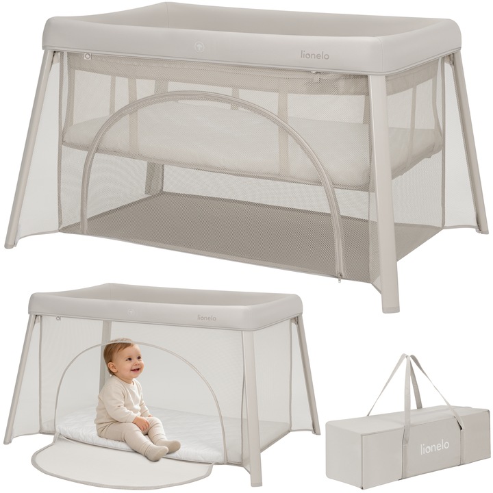 Patut de calatorie pliabil, tarc de joaca Lionelo Mila 2 in 1, pe doua niveluri, cu intrare laterala, geanta inclusa, 113x84 cm, conform standardului european de siguranta EN 716, Bej