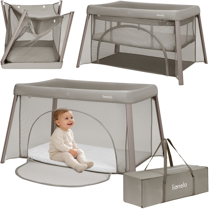 Patut de calatorie pliabil, tarc de joaca Lionelo Mila 2 in 1, pe doua niveluri, cu intrare laterala, geanta inclusa, 113x84 cm, conform standardului european de siguranta EN 716, Bej Taupe