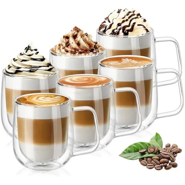 Set 6 cani cafea, sticla borosilicata, dublu strat, 250ml, transparent
