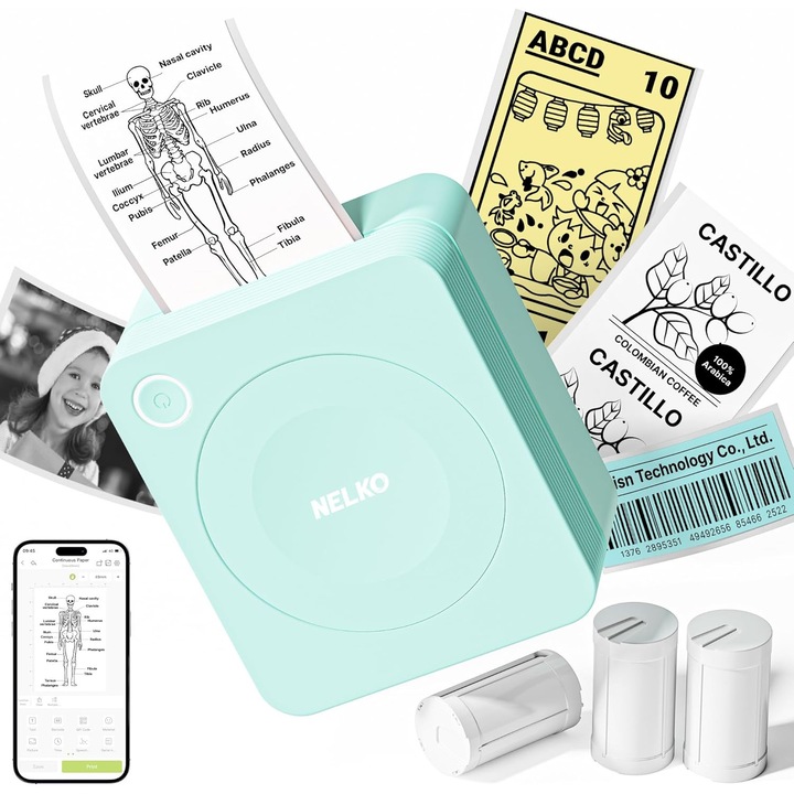 Nelko PM230 Sticker Printer — Imprimanta de stickere Nelko PM230, mini imprimanta portabila Bluetooth pentru etichete si autocolante, cu 3 role de hartie pentru creatii DIY, notite de studiu, imagini si chitante, multiple sabloane pentru telefon (verde)