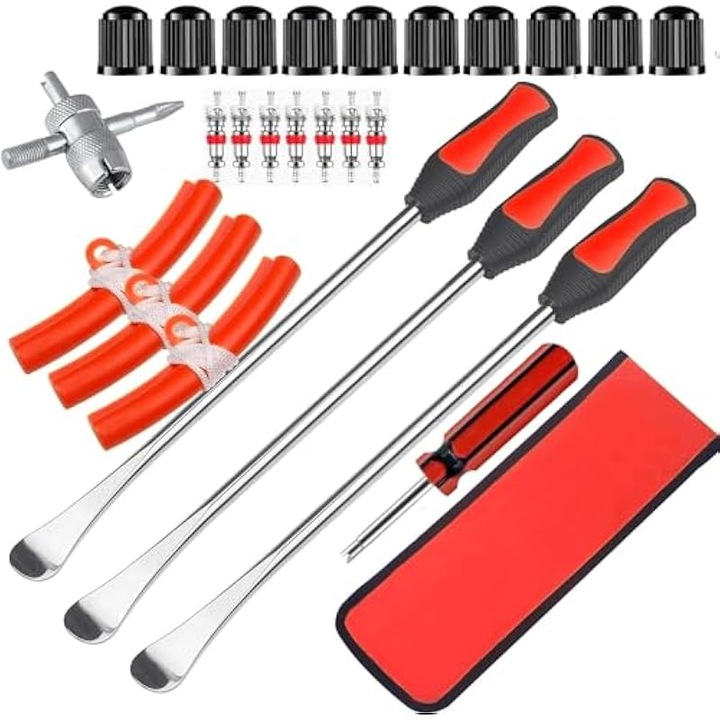 Set scule schimbat anvelope 39 piese, levier 30x2cm, protectii janta 15cm, cheie valve 11cm, multicolor