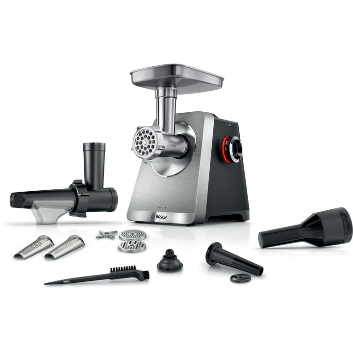 Masina de tocat carne Bosch serie 8 MFWS835M, 2500 W, 4.5 kg/ min, accesoriu suc rosii, 3 site, palnie carnati si kebbe, Argintiu