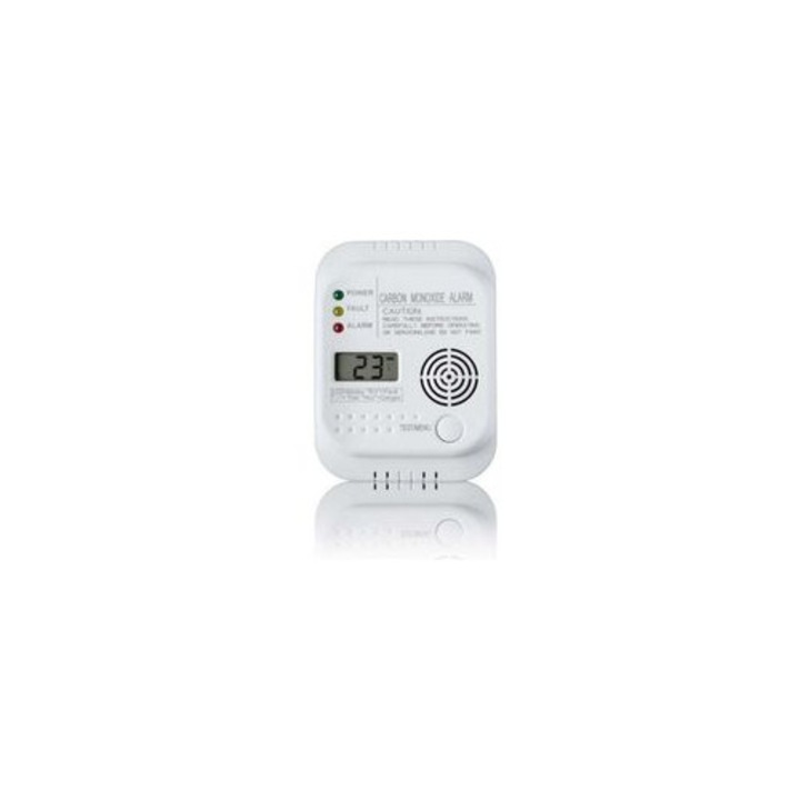 Detector monoxid de carbon cu afisaj si indicator temperatura, alimentare pe baterii, kit smart home, alb