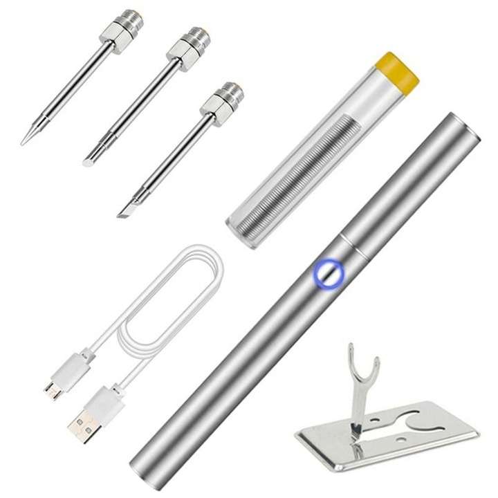 Set pistoale de lipit portabile, USB, fara fir, baterie integrata, 3 capete, suport metalic, reglare temperatura