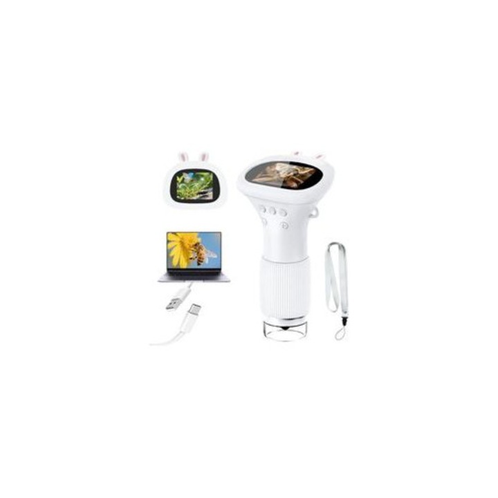 Microscop digital portabil pentru copii, ecran IPS 2 inch, alb, 200x, 8 LED