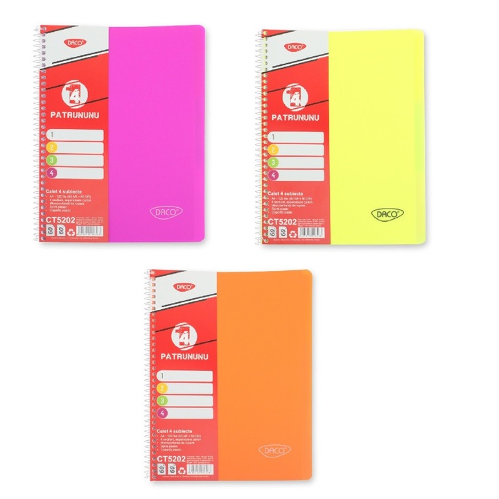 Caiet A4 120 file cu spirala, 4 subiecte, hartie 70g/mp, Daco - culori calde