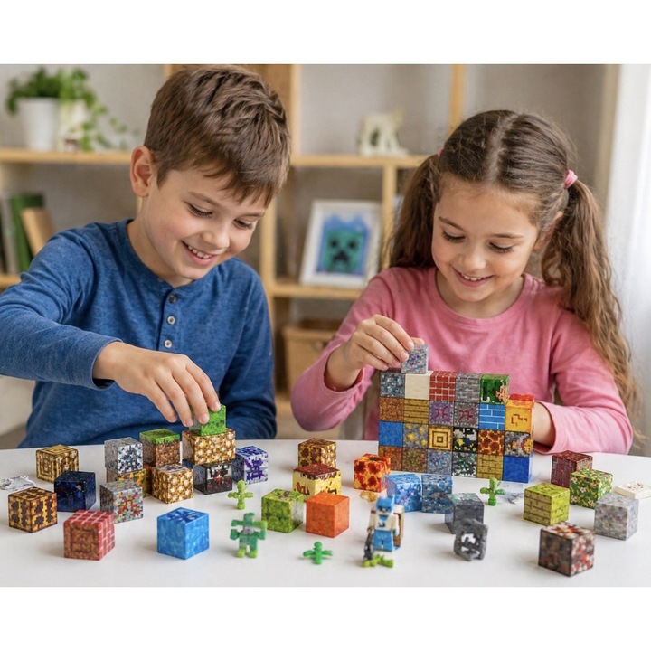 Set cuburi magnetice stil Minecraft 36 piese cu figurina – constructie educativa