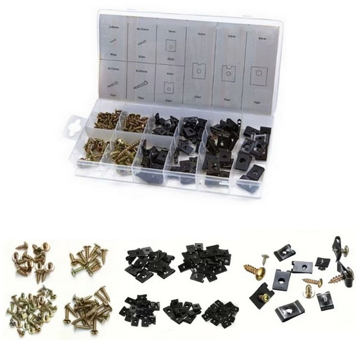 Set 170 suruburi si saibe pentru caroserie SkyTechs® 9 dimensiuni de suruburi si saibe de la M3x8 mm la M6x20 mm cap Phillips si cleme metalice in forma de U