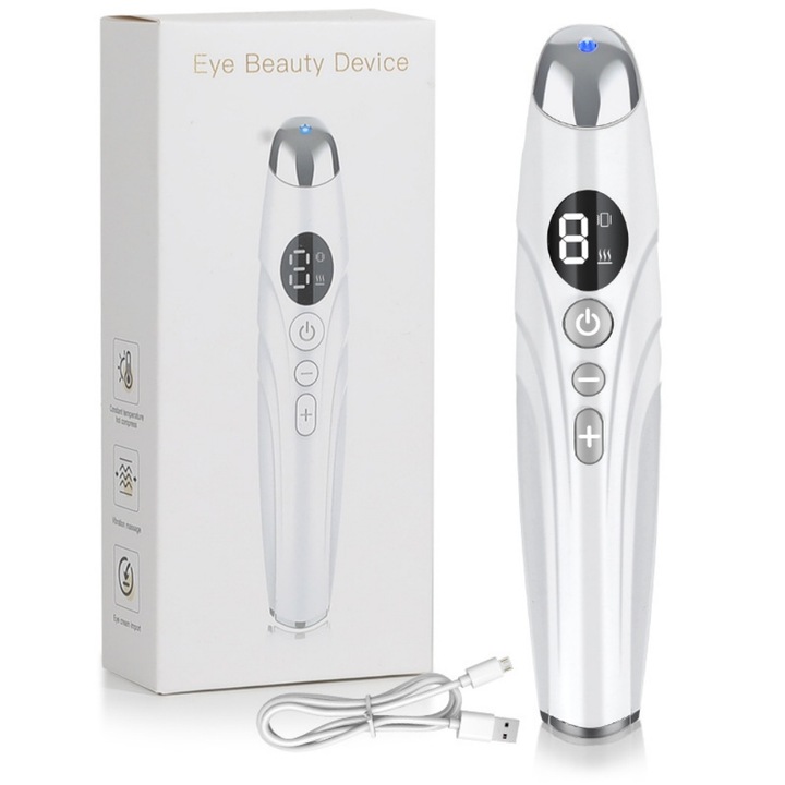 Aparat de masaj pentru ochi, reglabil pe mai multe trepte, compact si portabil, tratament cu lumina rosie, 400 mAh, 1 W, 13 × 2, 9 × 2, 6 cm, alb