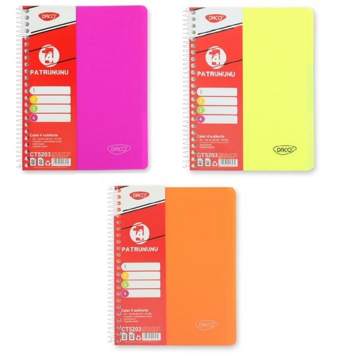 Caiet A5 120 file cu spirala, 4 subiecte, hartie 70g/mp, Daco - culori calde