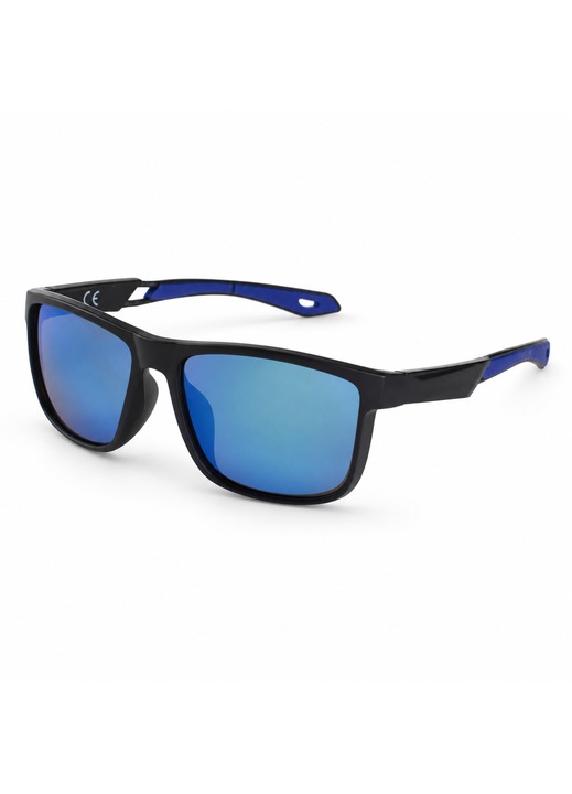 Ochelari De Soare Barbati Rama Patrata Neagra Rubber Lentile Albastre Oglinda Brate Contrast Accesoriu Sport Urban Condus Vacanta Shopiens®