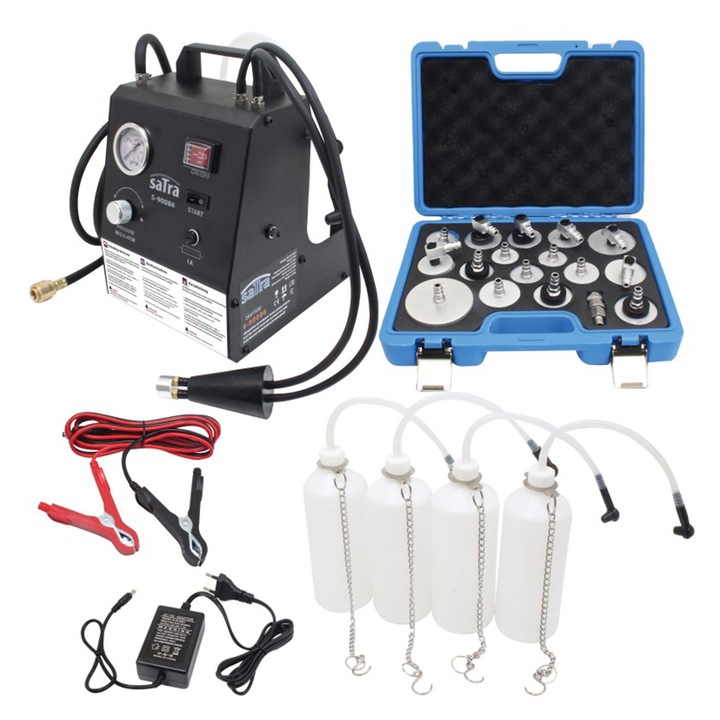 Fékfolyadék légtelenítő és cserélő készlet, Satra, 17 adapterrel, 0, 6–3, 0 bar, 12 v / 230 v, univerzális, abs/esp
