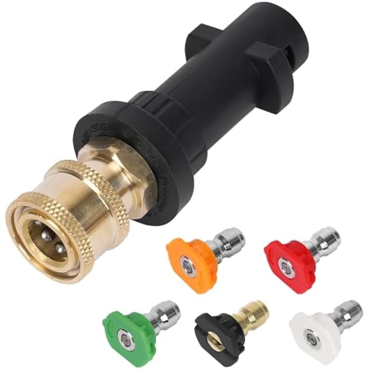 Adapter nagynyomású mosóhoz, 5 különböző szögű fúvóka, sárgaréz, fekete, piros, sárga, zöld, fehér