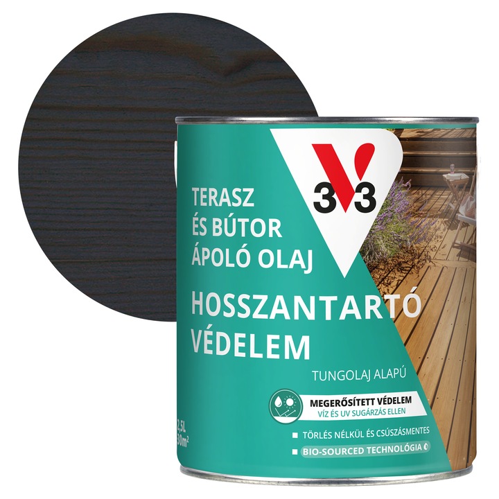 V33 Terasz és kerti bútor vízbázisú ápoló olaj 2, 5l, félig áttetsző, Antracit