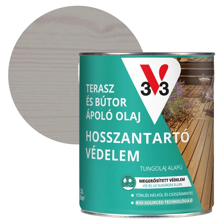 V33 Terasz és kerti bútor vízbázisú ápoló olaj 2, 5l, félig áttetsző, Szürke