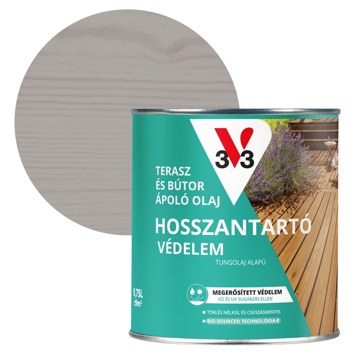 V33 Terasz és kerti bútor vízbázisú ápoló olaj 0, 75l, félig áttetsző, Szürke