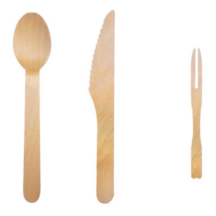 Set 300 tacamuri din lemn Meishang, 100 cutite, 100 lingurite, 100 furculite pentru fructe, 9, 14 cm, natur
