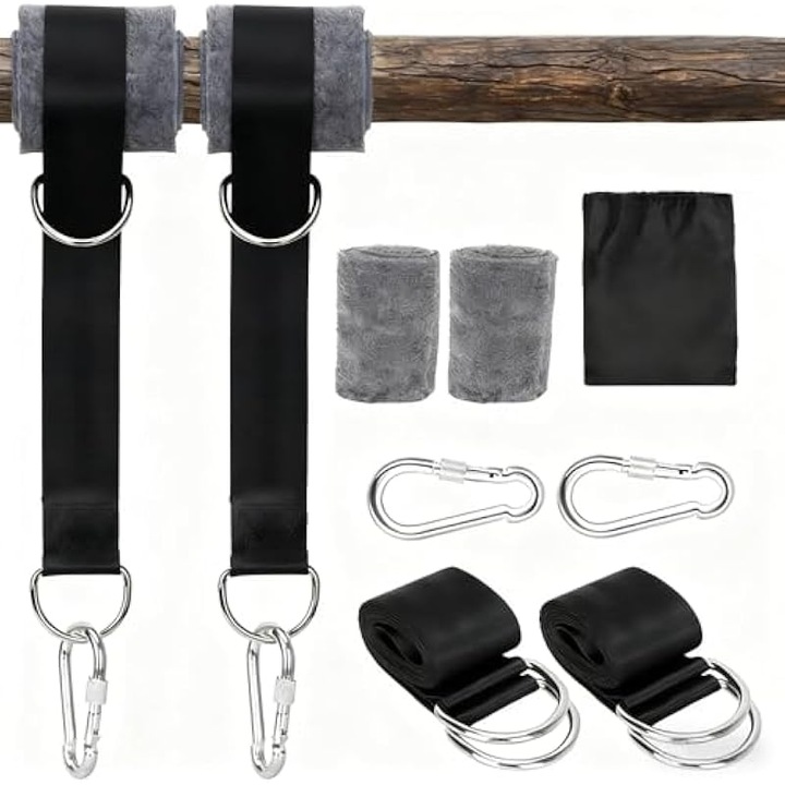 2 db függőágy heveder készlet, 150cm, strapabíró, rozsdamentes acél, 500kg teherbírás, fekete