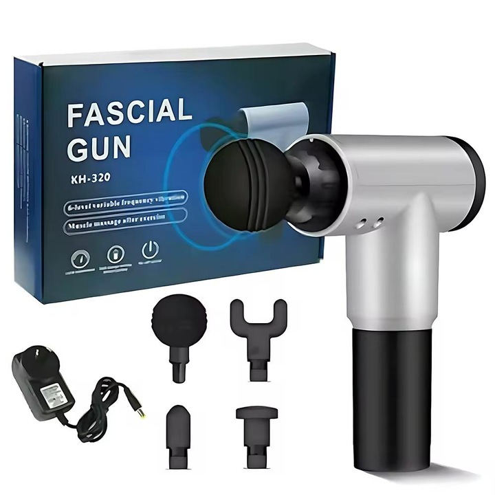 Масажор с 4 приставки, Fascial Gun, 6 степени на скорост, черно-сив