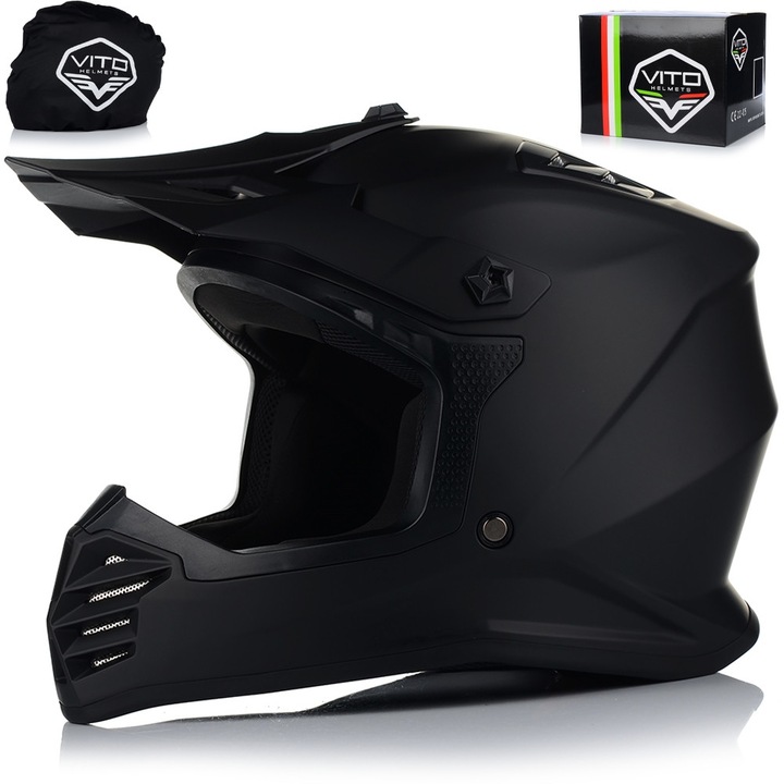 Gyermek Motoros Sisak, VITO Tivoli Mini, Fekete, Cross Quad, ABS Polikarbonát, UV Védelem, Click Rendszer, ECE R 22.06, YS 48 cm