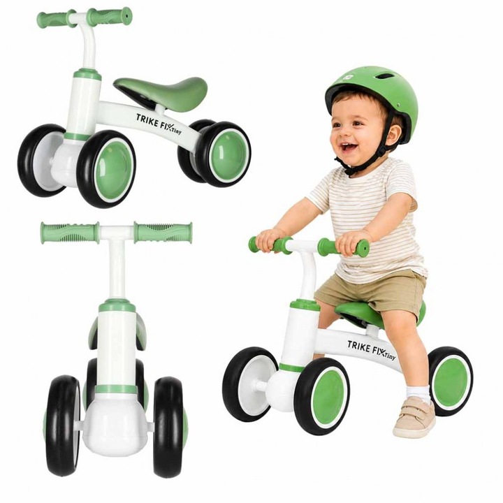 Bicicleta de echilibru fara pedale Trike FIX Tini V2 Green/White, design cu patru roti, roti EVA, cadrul din otel carbon, sarcina maxima 30 kg