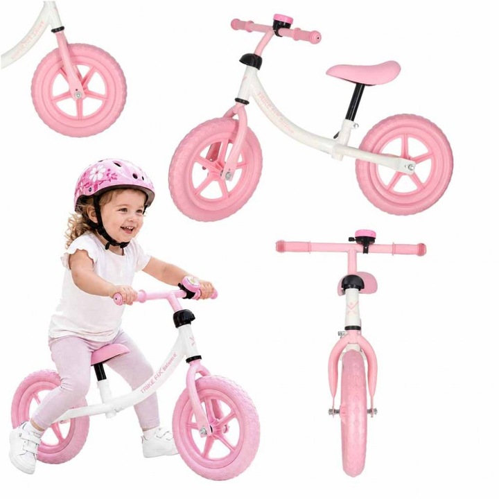 Bicicleta fara pedale pentru copii Trike Fix Balance pink, cadru otel, cu sonerie, saua ergonomica, sezutul si ghidonul reglabile, roti din spuma EVA, sarcina maxima 30 kg