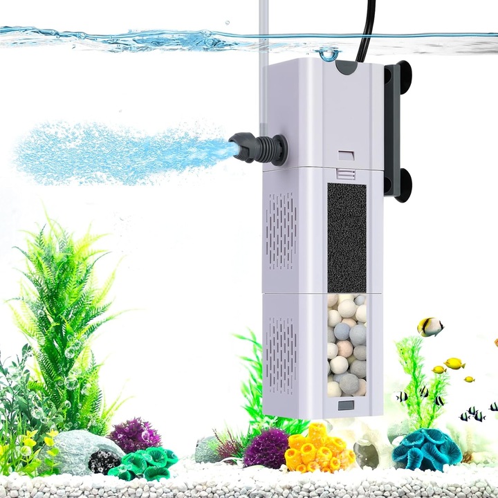 Belső akváriumszűrő, Bedee, 6W, 500L/h, 60 cm vagy annál kisebb mélységű akváriumokhoz ajánlott, szűrés, oxigénellátás, hullámkeltés és baktériumtenyésztés, Tapadókoronggal, Alacsony zajszint, Vízálló, 6.2*5.9*20cm, Fehér