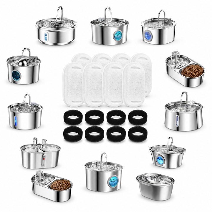 Set 16 filtre de rezerva pentru fantana pentru pisici si caini NextWave®️ dispenser de apa tip adapator, din Inox, purificare, elimina eficient impuritatile si firele de par, carbon activ, 8 filtre de bumbac si 8 bureti prefiltranti