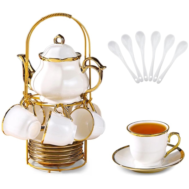 Set 20 ceai ceramic, AFKSMILE, Set cesti de cafea din portelan cu farfurioare, Cu 1 ceainic, 6 cesti, 6 farfurioare, 6 lingurita, Design elegant, Manere confortabile, Pentru cafea sau ceai, 450ml, Alb