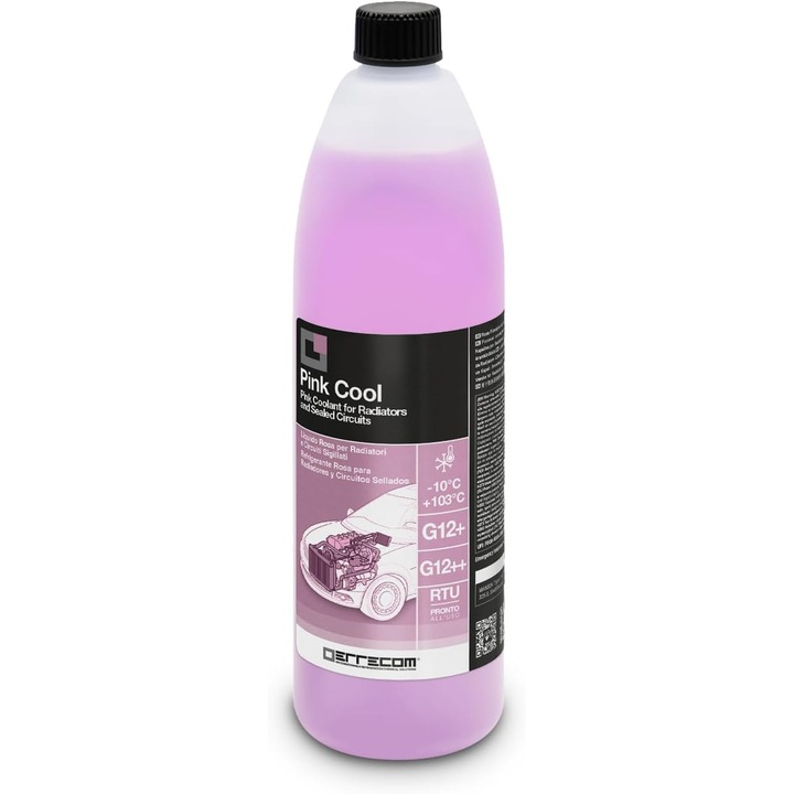 Errecom Pink Cool hűtőfolyadék, rózsaszín -10°C/+103°C, G12+, G12++, fagyálló Si-OAT 100% szilanizált inhibitorral, használatra kész, 1 liter