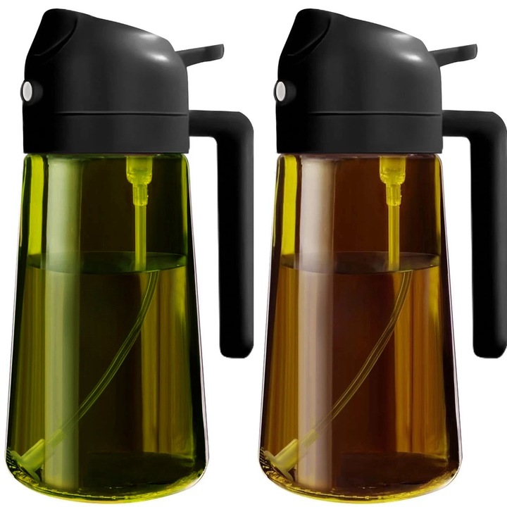 Set Pulverizator Ulei si Otet 2 in 1 Solvero®, Oliviera si Otetiera 470ml, Sticla Dozatoare Multifunctionala Pentru Ulei de masline & otet, Spray si Sticla cu Control Precis, pentru Gatit la Friteuza Salate Material Sticla & PVC, Design Dual, Negru, 2 Buc