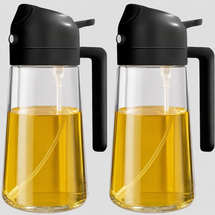 Set Pulverizator Ulei si Otet 2 in 1 Solvero®, Oliviera si Otetiera 470ml, Sticla Dozatoare Multifunctionala Pentru Ulei de masline & otet, Spray si Sticla cu Control Precis, pentru Gatit la Friteuza Salate Material Sticla & PVC, Design Dual, Negru, 2 Buc