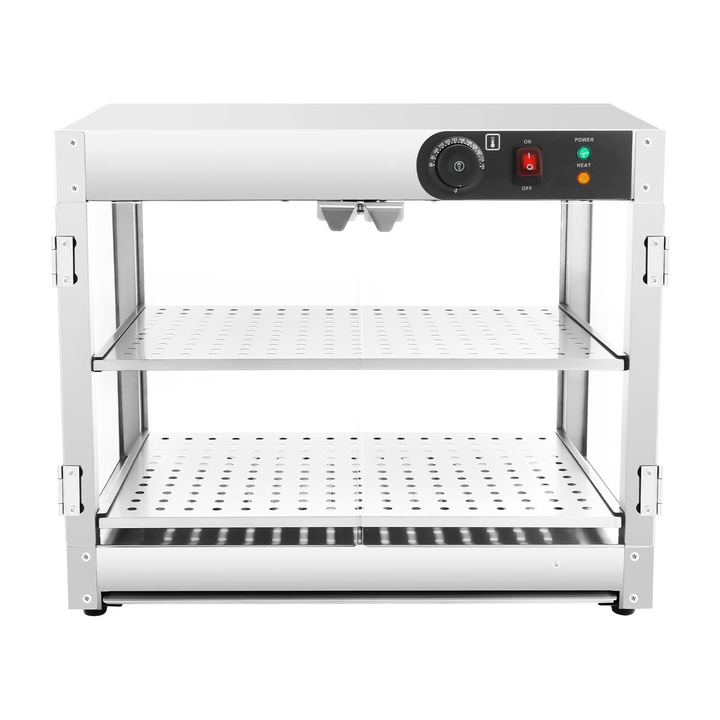 Затоплена витрина за храна, 2 етажа, 800 W, 220 V, 30–85°C, нагревателни тръби, неръждаема стомана 201 & закалено стъкло, Сребрист