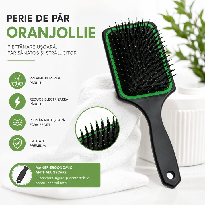 Perie de par Oranjollie Paddle Brush, Anti-rupere si Anti-electrizare, Maner ergonomic anti-alunecare