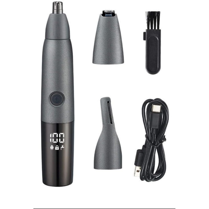 Trimmer electric pentru nas si depilator facial corporal, culoare neagra, material ABS durabil, lame sigure fara durere, functionare reincarcabila USB‑C, design compact ergonomic, usor de curatat, ideal pentru ingrijire personala zilnica acasa si in depla