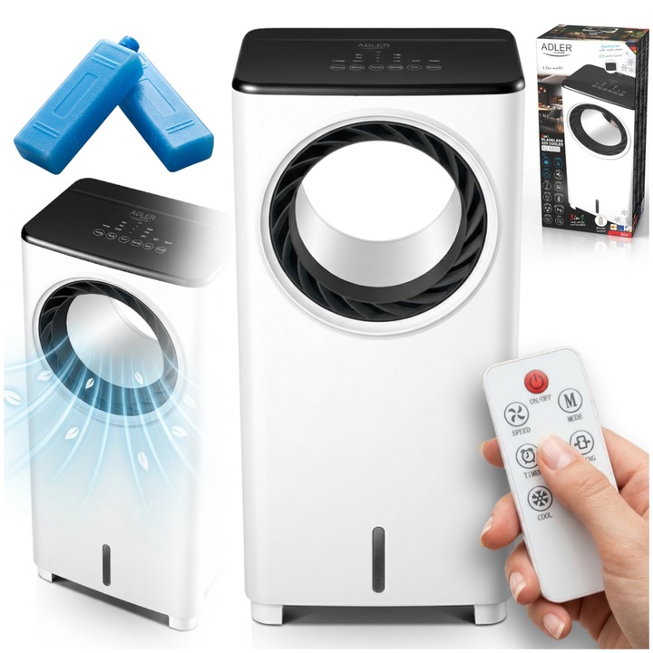 Racitor De Aer, Adler, AD 8900, 4 Litri 30x20x68 cm, Alb, Plastic Premium, 3In1 Racire Umidificare Purificare Aer, Debit 187.8 M3/H, Timer 7.5H, Telecomanda, Display Led, Putere 80W, Fara Elice, Aparat De Climatizare Lux Pentru Casa Ta