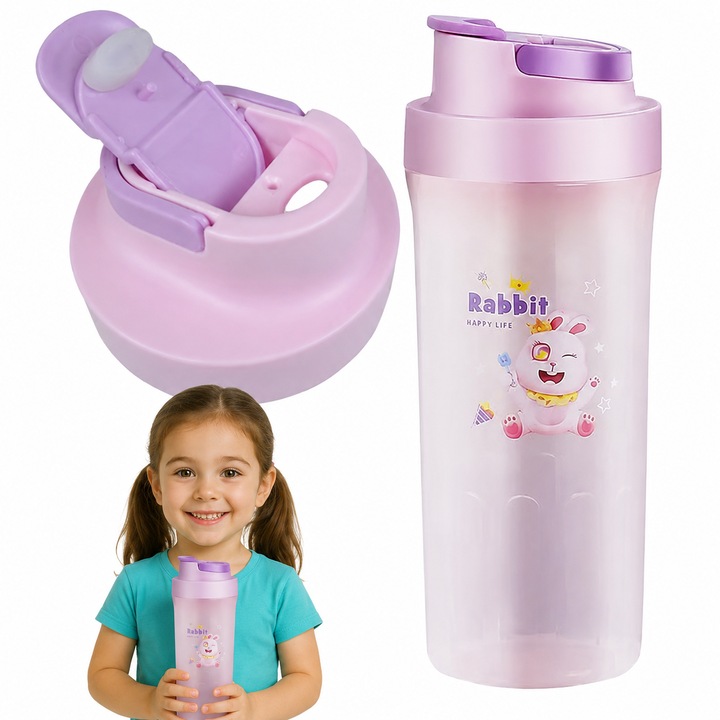Sticla de apa copii Happy Life, 500 ml, Capac etans cu deschidere rapida, Anti-scurgere, 20 x 7.5 cm, Plastic, Mov
