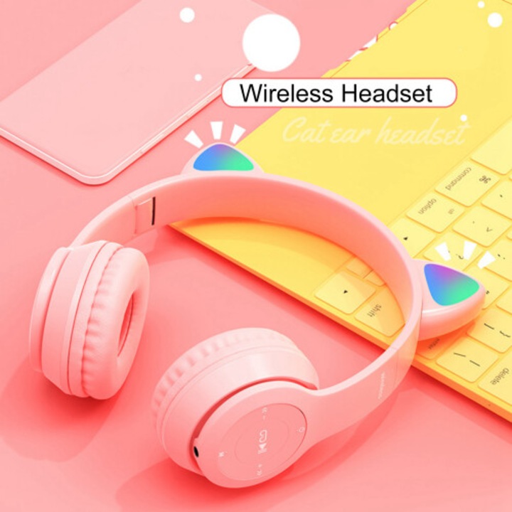 Casti wireless, model pisica, stereo, roz, mic si usor, Bluetooth 5.0